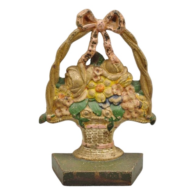 Antique Victorian Cast Iron Painted Floral Bouquet Pink Bow Basket Door Stop For Sale