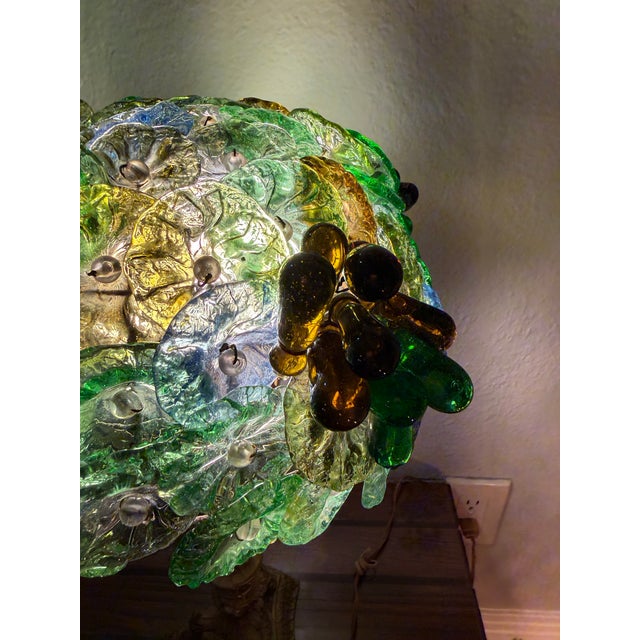 Glass Beautiful 1970s Hollywood Regency Hand Blown Murano Glass Textured Translucent Blue, Green and Yellow Flowers Lampshade With Original Base For Sale - Image 7 of 12
