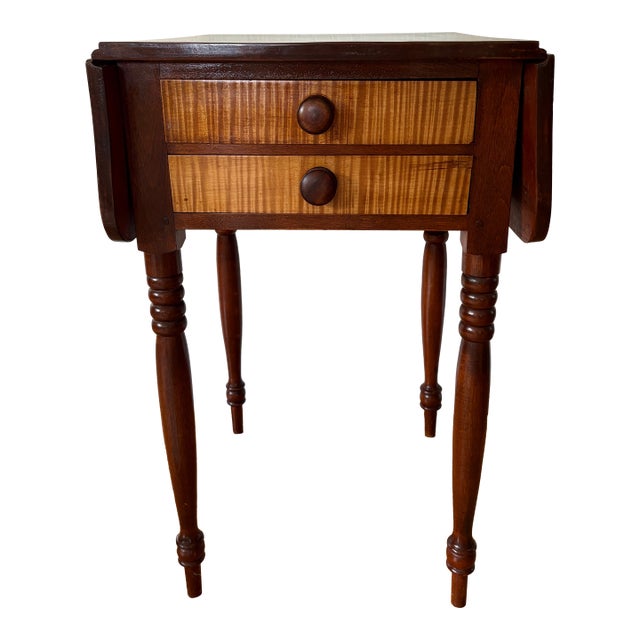 19th Century Sheraton Two Drawer Drop Leaf Side Table Mahogany/Tiger Maple Wood For Sale