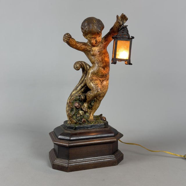 Antique Terracotta Cherub Table Lamp with Wooden Base, Early 1900s For Sale - Image 3 of 18