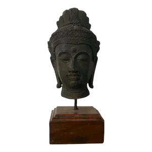 Antique Bronze Bust of Buddha Mounted on a Wood Stand