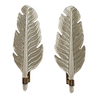 Pair of Modern Murano Glass Leaf Form Sconces Frosted in a Pearl White For Sale