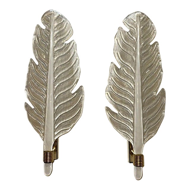 Pair of Modern Murano Glass Leaf Form Sconces Frosted in a Pearl White For Sale