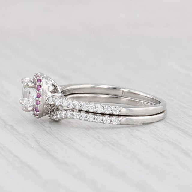 White Gia 1.13ctw Diamond Pink Sapphire Halo Engagement Ring Wedding Band Set Platinum, Size 8 For Sale - Image 8 of 9