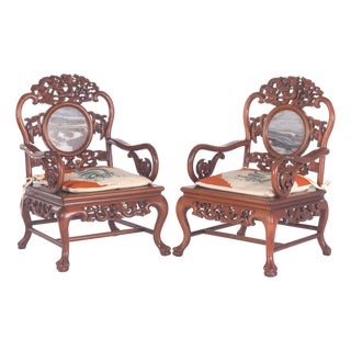 Mid 20th Century Pair of Chinese Dragon Rosewood Armchairs With Matching Dream Stone Inserts, Elaborate Carving and Handmade Needlepoint Seat Cushions For Sale
