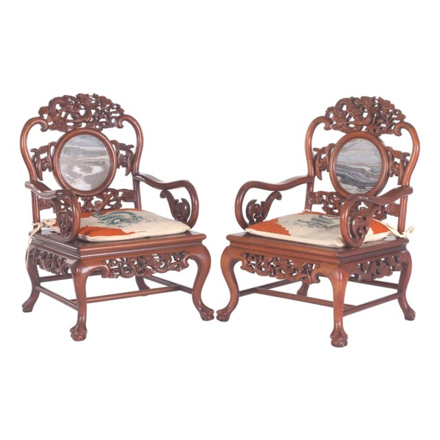 Mid 20th Century Pair of Chinese Dragon Rosewood Armchairs With Matching Dream Stone Inserts, Elaborate Carving and Handmade Needlepoint Seat Cushions For Sale