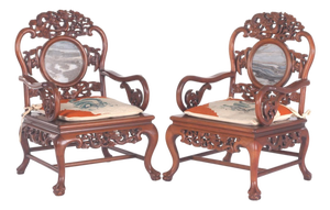 Mid 20th Century Pair of Chinese Dragon Rosewood Armchairs With Matching Dream Stone Inserts, Elaborate Carving and Handmade Needlepoint Seat Cushions