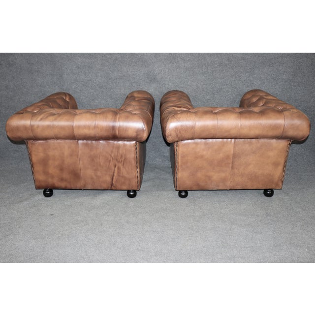 2020s Pair of English Custom Chesterfield Brown Distressed Leather Tufted Club Chairs For Sale - Image 5 of 10