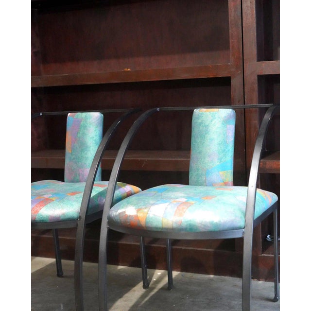 Vintage Postmodern Sculptural Chairs | Black Metal, Geometric Upholstery, Memphis Style For Sale - Image 4 of 6