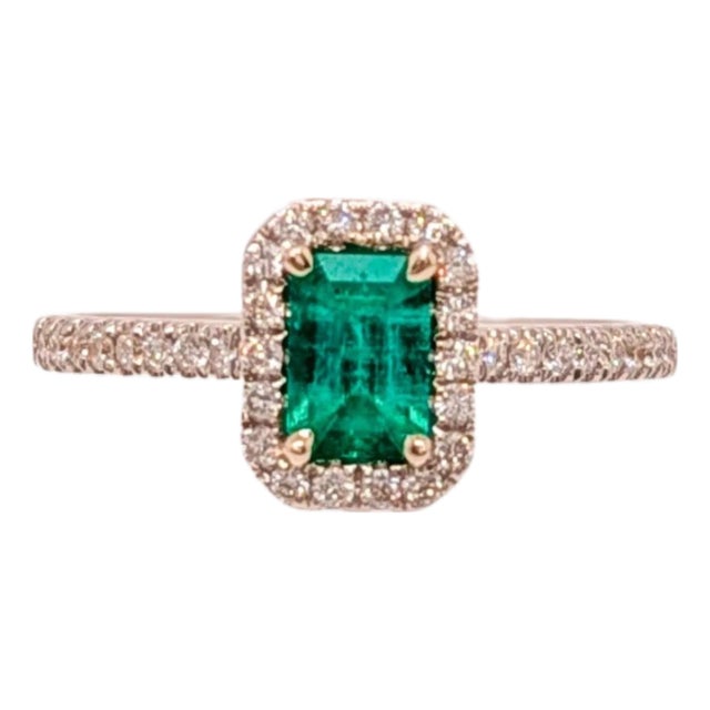 Colombian Emerald Ring With Natural Diamonds: Solid 14k Gold, Emerald Cut 6x4mm, Size 6.75 For Sale