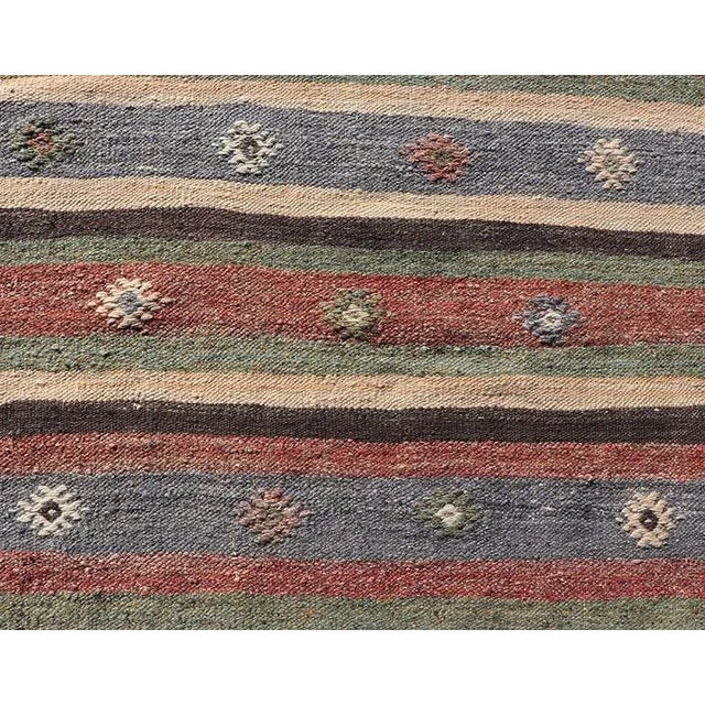 Textile Mid 20th Century Turkish Vintage Kilim Striped Runner With Tribal Motifs in Copper and Greens For Sale - Image 7 of 12