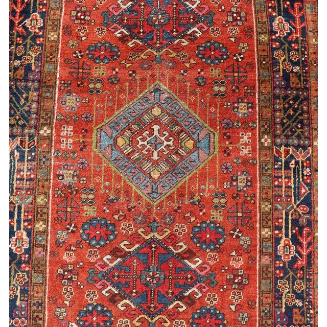 Textile Antique Hand Knotted Geometric Persian Long Heriz Runner in Red, Blue and Teal 3'4 X 14'4 For Sale - Image 7 of 14