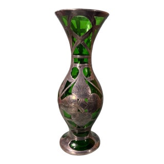Antique Art Nouveau Sterling Silver Overlay Green Art Glass 8" Vase For Sale