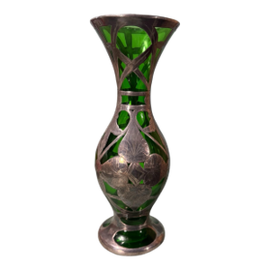 Antique Art Nouveau Sterling Silver Overlay Green Art Glass 8" Vase