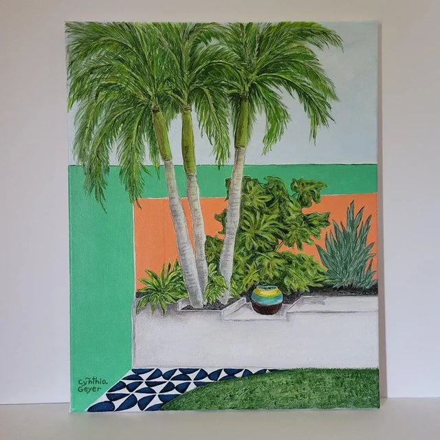 This is a newly painted Acrylic painting of the foliage decorating the pathway to the pool in a home decorated with a 1960...