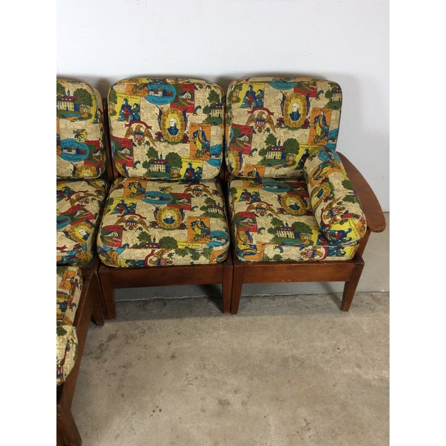 Mid-Century Modern Mid Century Maple Three Piece Sectional Sofa With Shelving and Vintage Colonial Patterned Upholstery For Sale - Image 3 of 18