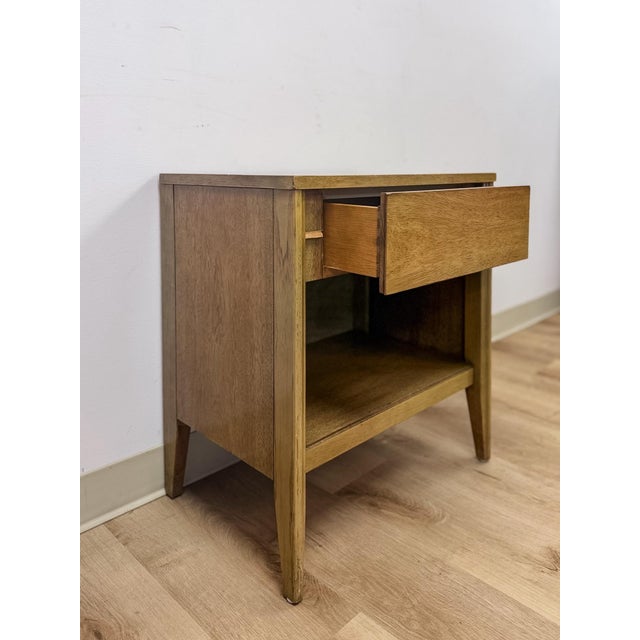 Wood Mid Century Nightstand Single Drawer Open Cubby Gray Wood Tone Tapered Leg For Sale - Image 7 of 9