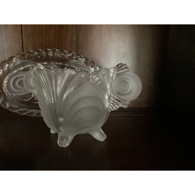 Art Deco 1940s LaLique Inspired Art Deco Design, Scrolls and Seascapes, Satin and Clear, Cream, Sugar on Tray - Three Piece Set For Sale - Image 3 of 6