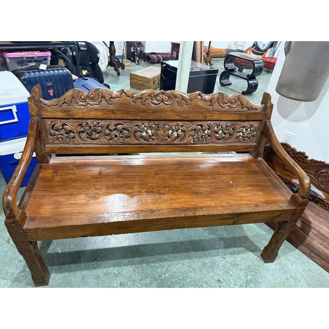 Antique Carved Wooden Bench / Settee With Upholstered Seat For Sale In Denver - Image 6 of 6