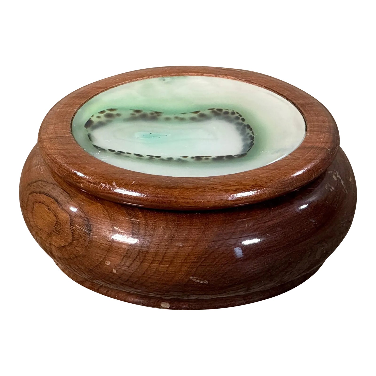 Hand Turned Wood and Green Agate Style Art Glass Lidded Trinket / Jewelry Box