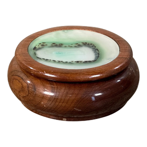 Hand Turned Wood and Green Agate Style Art Glass Lidded Trinket / Jewelry Box