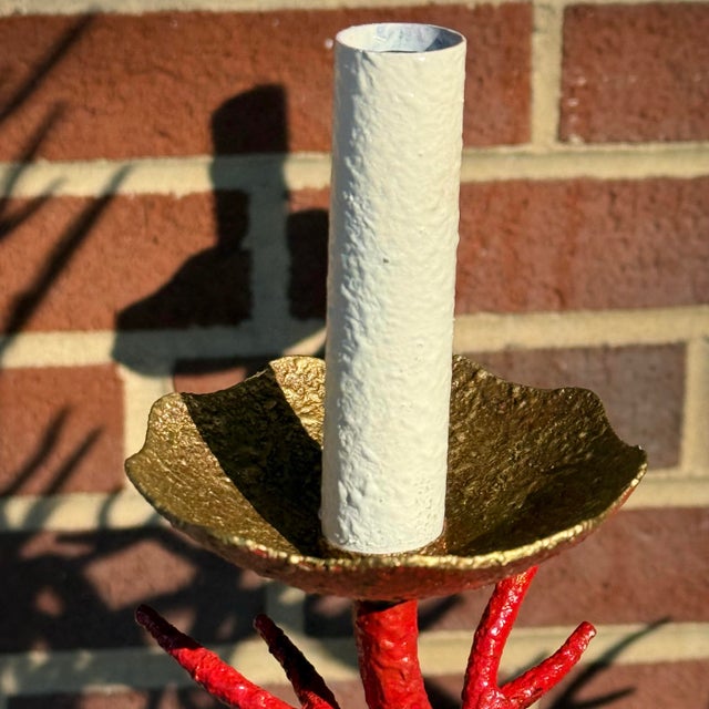 Chic Vintage Late 20th Century Bespoke Turtle and Crane Palm Beach Regency Hand-Glazed Red Faux Coral 5-Light Chandelier - Newly Painted For Sale - Image 9 of 10