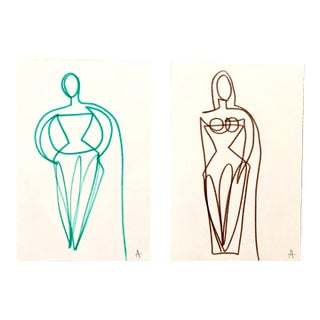 Pair of Abstract Figurative Ink Drawings by CL Auker For Sale