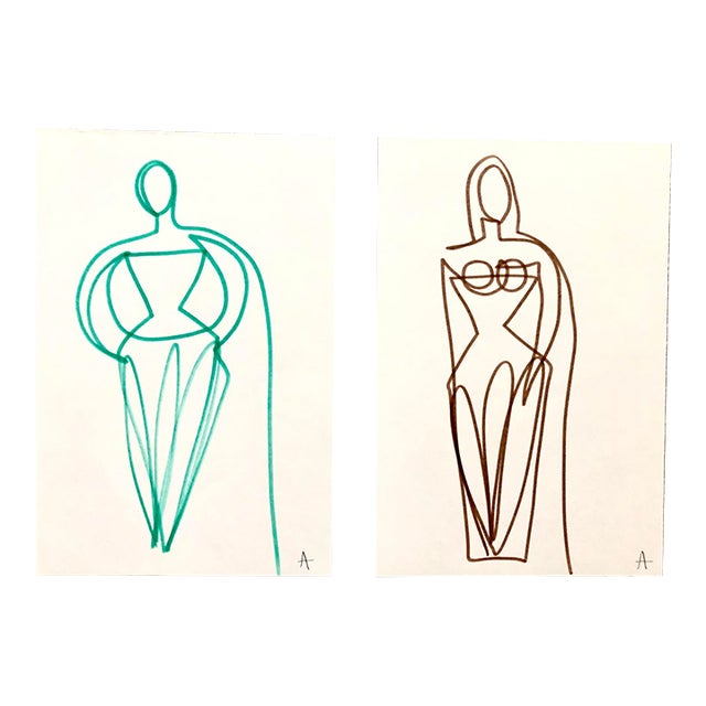 Pair of Abstract Figurative Ink Drawings by CL Auker For Sale