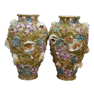 Antique Art Nouveau Hungarian Zsolnay Tádé Sikorski Openwork Floral Mallow Vases For Sale