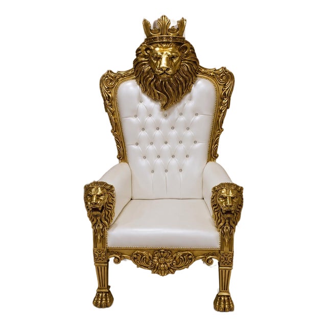 1960s Royal Lion Throne Chair with Matching Lion Scepter-pearl white For Sale