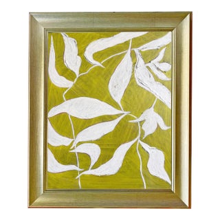 Original Oil Painting Botanical Leaves, Green and White Floral Wall Art, Framed Contemporary Nature Artwork, 16x20 For Sale