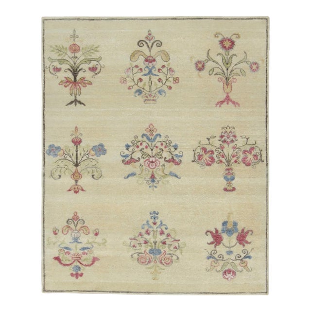 Rug & Kilim’s Block Print Rug, Cream White With Whimsical Multi-Colored Florals For Sale