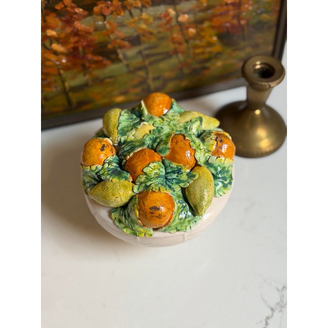 Mid 20th Century Vintage Italian Majolica Style Lemon and Orange Lidded Topiary Jar For Sale - Image 5 of 9