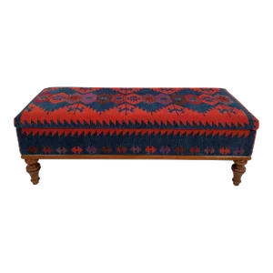 Tribal Kilim Rug Print Fabric Upholstered Storage Bench