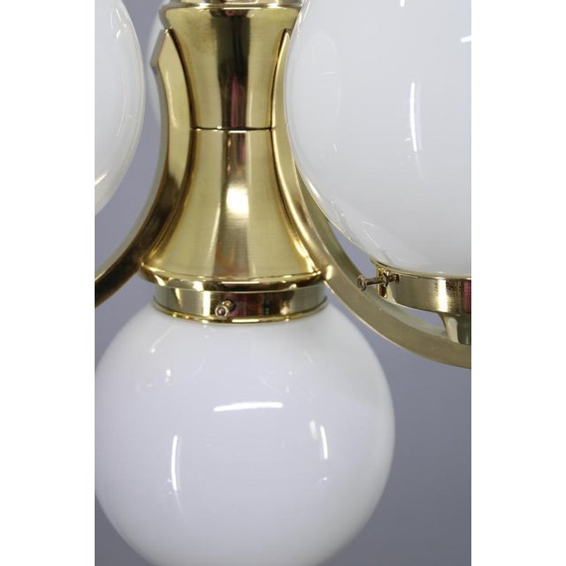 Art Deco Brass Chandelier with Opaline Glass, Czechoslovakia, 1930s For Sale - Image 6 of 11