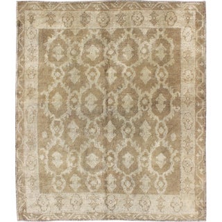 Square Shape Cross-Latch Squarish Turkish Vintage Oushak Rug in Taupe and Cream For Sale