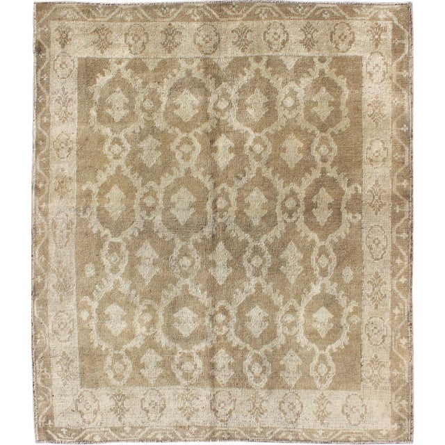 Square Shape Cross-Latch Squarish Turkish Vintage Oushak Rug in Taupe and Cream For Sale