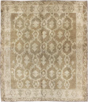 Square Shape Cross-Latch Squarish Turkish Vintage Oushak Rug in Taupe and Cream