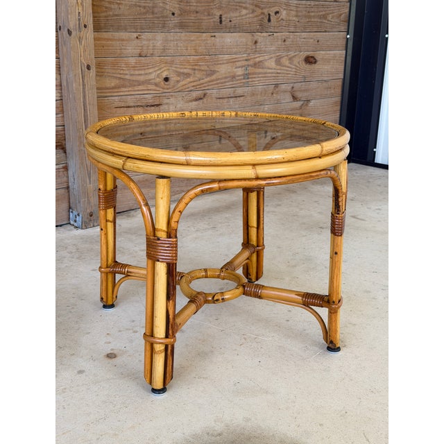 Tan Vintage Round Rattan Side Table With Custom Glass Top For Sale - Image 8 of 12