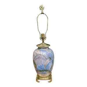 1970s Asian Porcelain Lamp With Blue Pink Green & Gold Peacock Feathers