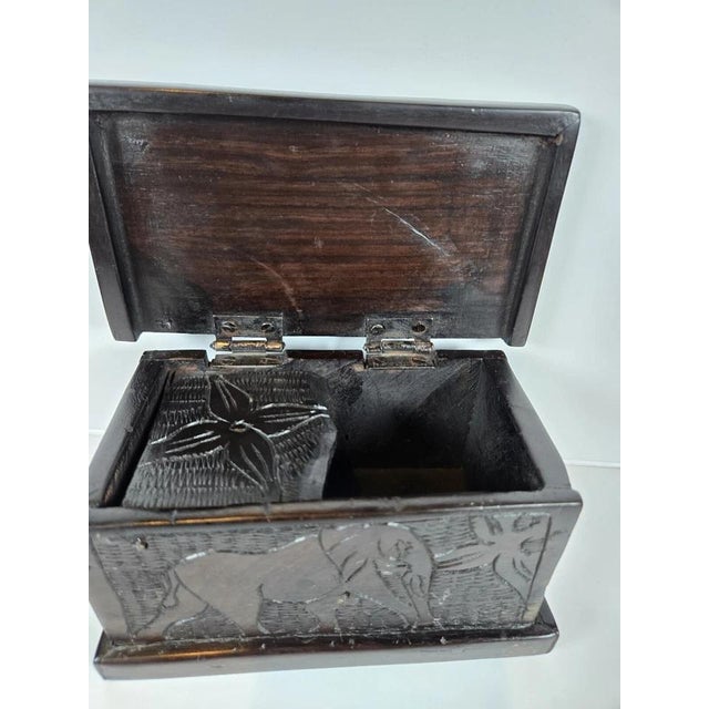 Vintage Hand-Carved Dark Wood Elephant Trinket Jewelry Box Hinged Safari Decor For Sale - Image 14 of 18