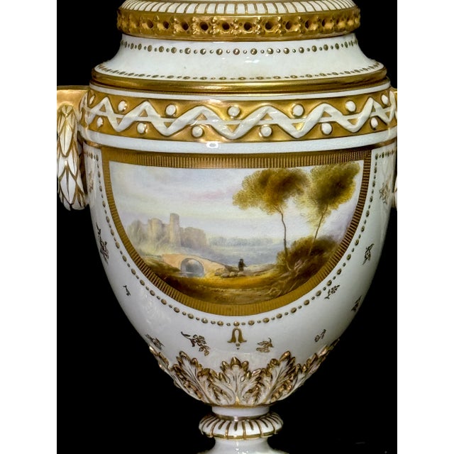 Metal Antique Royal Worcester Neoclassical Matched White and Gilt (Gold) Porcelain Covered Urns W/ Landscaped Panels by Harry Davis, a Pair, England 1912. For Sale - Image 7 of 12