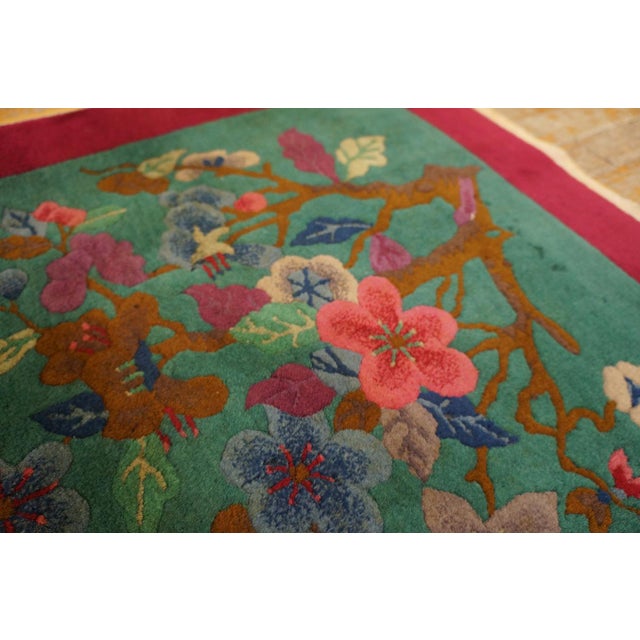 Lovely Dark Green Color With Special Floral Design Antique Chinese Art Deco Rug For Sale - Image 9 of 12