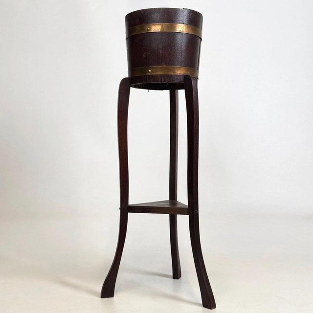 Antique English Brass-Bound Oak Barrel Plant Stand, 1890s For Sale - Image 3 of 9