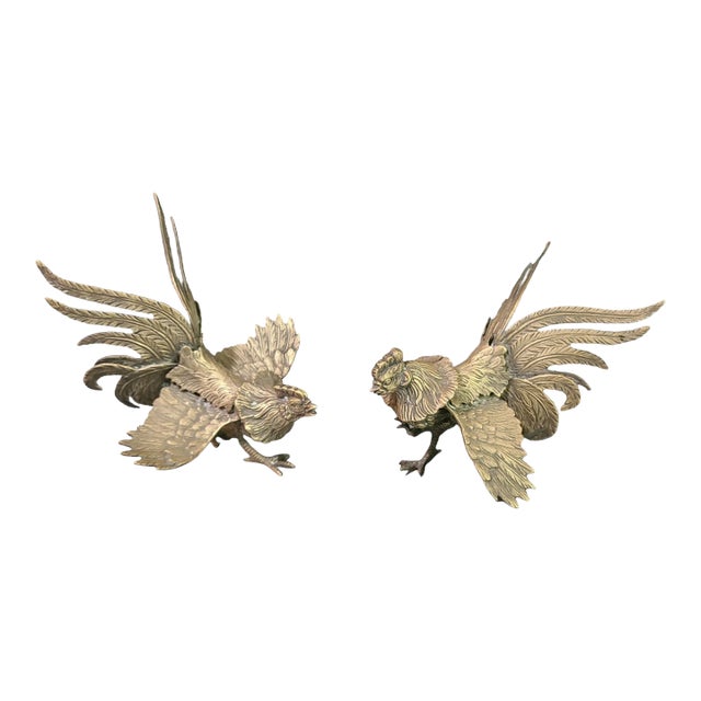 Vintage Pair of Italian Solid Brass Fighting Roosters Cocks For Sale