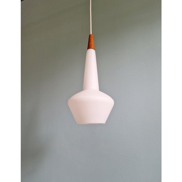 Mid-Century Modern Scandinavian Pendant Light in Satin White Opaline Glass and Teak, 1960s For Sale - Image 3 of 14