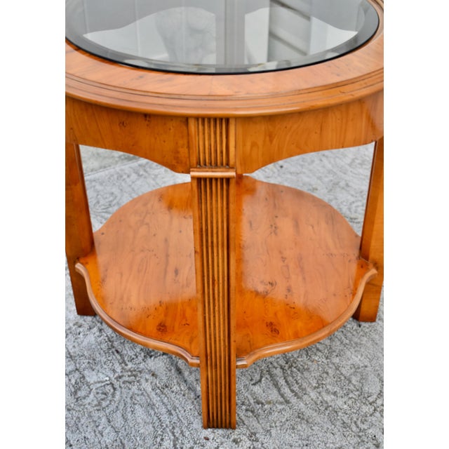Drexel Heritage Yew Wood End Table Vintage Regency Burl Round Side Glass Top 24” For Sale - Image 12 of 13