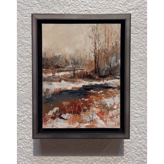 Seasons by Sandra Pratt | Oil on Panel Landscape with trees and water in winter tones For Sale