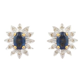 Natural Blue Sapphire and Diamond Flower Studs in 18 Karat Solid Yellow Gold- 2 Pieces For Sale
