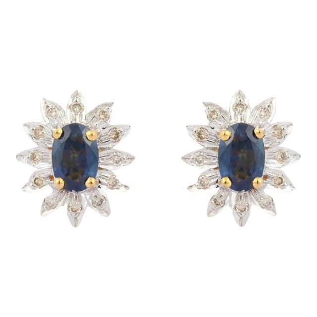 Natural Blue Sapphire and Diamond Flower Studs in 18 Karat Solid Yellow Gold- 2 Pieces For Sale